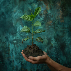 Hand Holding Sapling Against Textured Blue Background