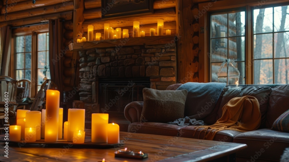 Poster a rustic cabin with an led candle array on the mantle providing a rustic yet modern feel. 2d flat ca