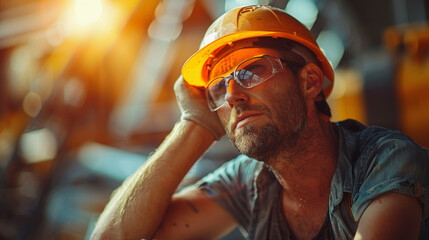 A tired construction worker wipes sweat from his forehead during a break, wearing a safety helmet and protective glasses, Heatstroke