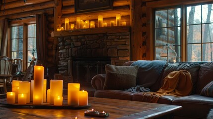 A rustic cabin with an LED candle array on the mantle providing a rustic yet modern feel. 2d flat cartoon.