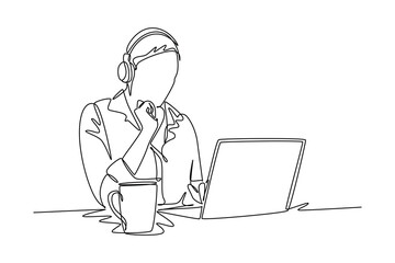 Continuous one line drawing drinking coffee concept. Doodle vector illustration.