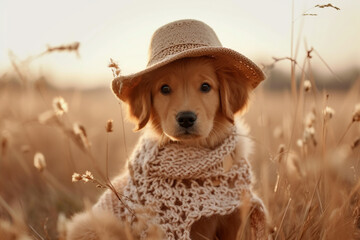 A charming puppy dressed in a boho-chic ensemble, embracing the latest trends in the most...