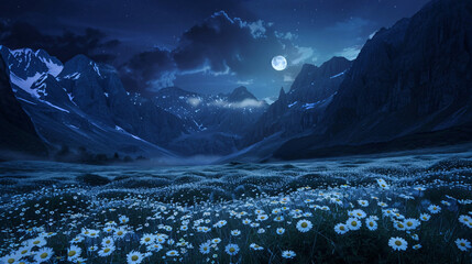 Night landscape with white flowers in the valley surrounded by mountains.	
