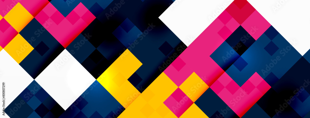 Poster a vibrant and colorful textile art featuring a geometric pattern of squares, triangles, and rectangl