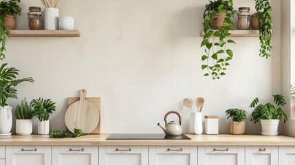simple, modern white kitchen backsplash with green house plants