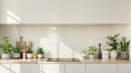 Fototapeta na wymiar simple, modern white kitchen backsplash with green house plants