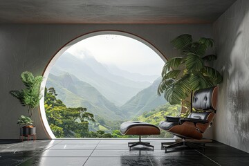 A wall with arch shape gap looking out over the mountains 3d render, The room has black tile floor. Furnished with wood and leather chair. Looking out to the balcony and nature view.