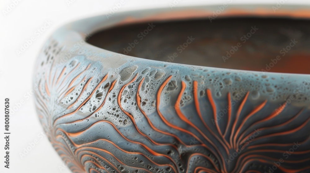 Poster a series of bowls with a unique textured rim achieved through the sgraffito technique where layers o