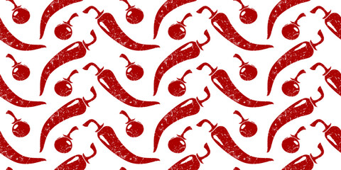 Red peppers and tomatoes silhouette pattern with texture on white background. Pepper seamless pattern