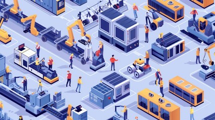 This isometric illustration presents a smart industrial factory, highlighting automated production lines and engineering teamwork in the manufacturing sector.