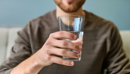 person drinking water, close up of a person holding a glass of water