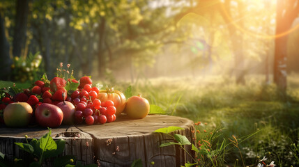 Fresh Produce Displayed on Wooden Table in Natural Setting. Green Grass and Garden Background....