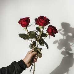 hand holding a bouquet of red roses at white background