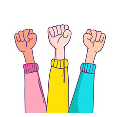 A diverse group of people protesting for a common cause and raising their fists in solidarity