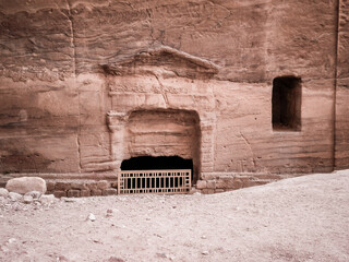 Remains  of Nabataean tombs in historical center of the Petra in the Wadi Musa city in Jordan