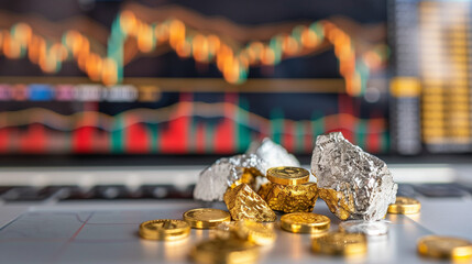 Gold and Silver on Table with Stock Tracker Display Showing Market Volatility in Financial Investment Analysis