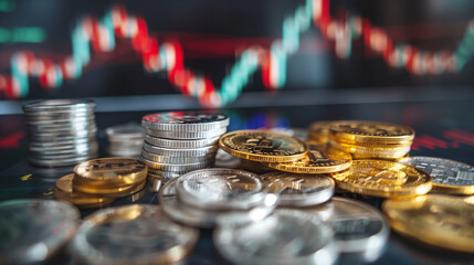 Gold and Silver on Table with Stock Tracker Display Showing Market Volatility in Financial Investment Analysis