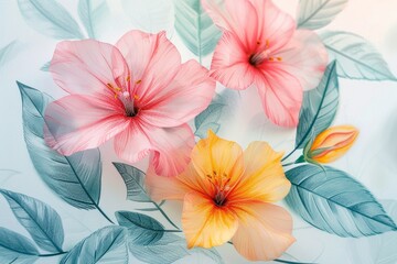 Soft pastel watercolor blossoms in shades of pink and yellow, delicately highlighted with translucent leaves on a light blue background.