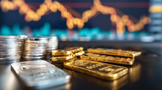 Gold and Silver on Table with Stock Tracker Display Showing Market Volatility in Financial Investment Analysis