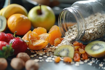 A variety of dried and fresh fruits with oats and nuts poured from a glass jar, ideal ingredients for a healthy breakfast or snack