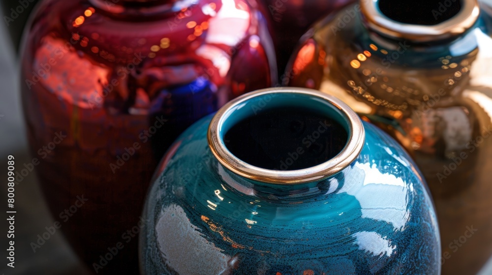 Poster a set of glittering jeweltoned vases each one crafted with multiple layers of glaze in complementary