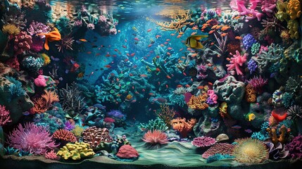 Colorful coral reef and fishes. Blue ocean underwater life with coral reefs and colorful fish.