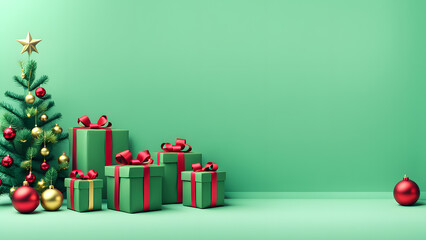 A green wall with a Christmas tree and a bunch of presents