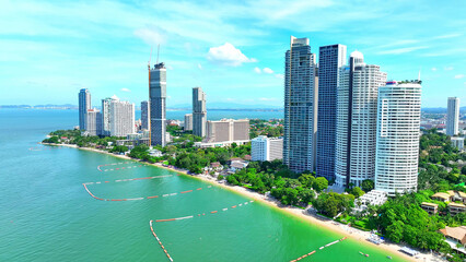 Pattaya Beach, Thailand, a picturesque coastal paradise, comes to life from a bird's-eye view....