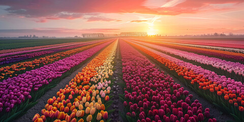 Field of tulips at sunset.