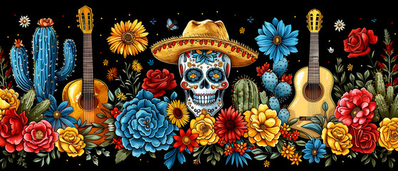 A colorful border with a skull, guitar, and cactus