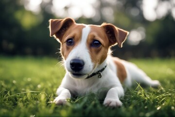 happy back dog green lawn jack russell terrier pet lying yard grass adorable animal backyard banner beautiful blurred background bokeh canino cheerful copy space cute day domestic family funny garden'