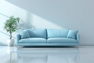 Interior of bright living room with light blue sofa and branch 3d rendering