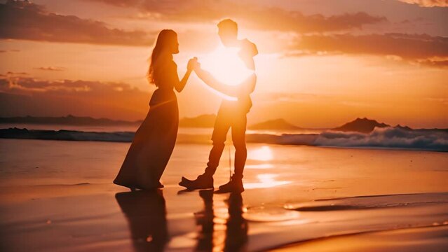 Man and Woman Standing on Beach at Sunset Generative AI