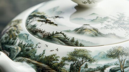 A handpainted porcelain teapot featuring a scenic landscape with rolling hills trees and birds all delicately crafted onto the surface..