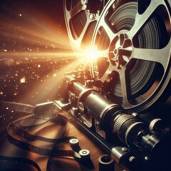 Golden Age of Cinema: Vintage Film Projector and Reels Illuminated