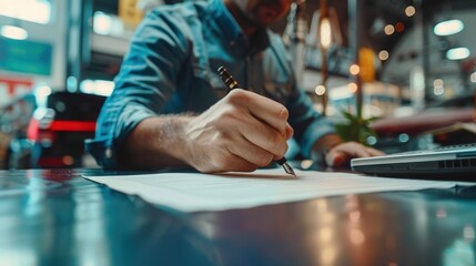 Naklejka premium A man signs a contract with a pen on a table. Generate AI image