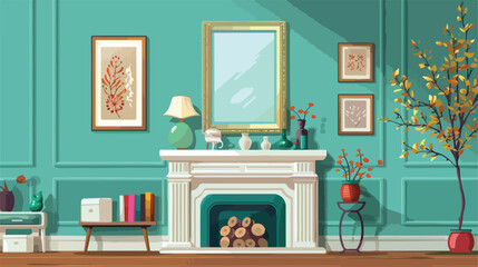 Stylish pictures and mirror on mantelpiece near color