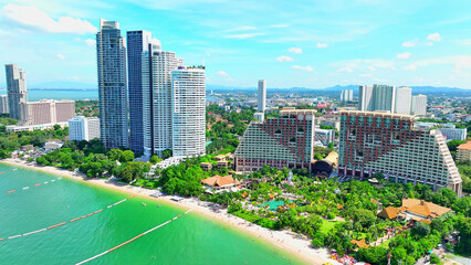 Pattaya Beach, Thailand, a picturesque coastal paradise, comes to life from a bird's-eye view....