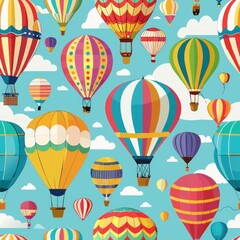 Fototapeta premium Seamless pattern of colorful hot air balloons drifting peacefully in the air, Generative AI