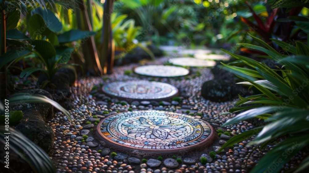 Poster use a series of ceramic stepping stones to create a unique pathway through the garden each one featu
