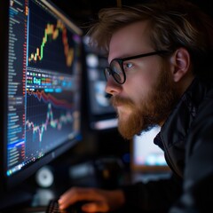 Busy businessman with glasses working on digital technology in office,stock exchange.