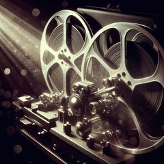 Golden Age of Cinema: Vintage Film Projector and Reels Illuminated