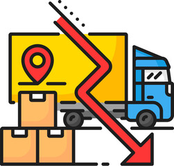 Decreased freight traffic color line icon, vector economic crisis, business and finance recession, bankruptcy, international trade drop. Outline delivery truck with down arrow graph and import cargo
