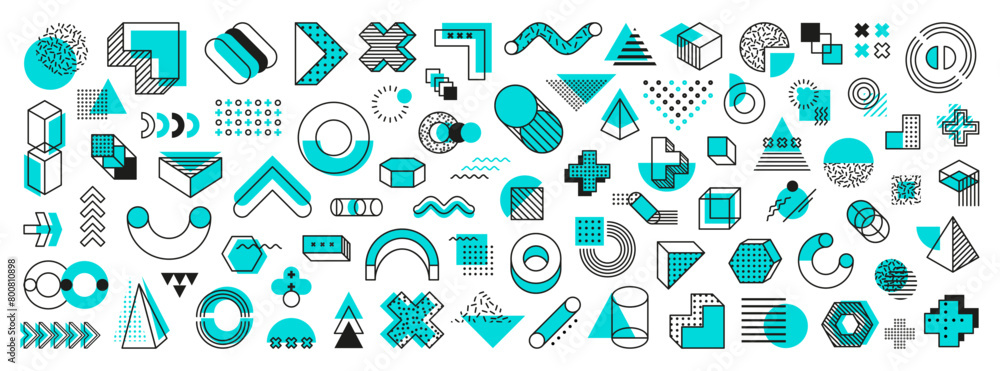Poster blue geometric memphis shapes vector set, embodies bold, vibrant patterns with juxtaposed elements l