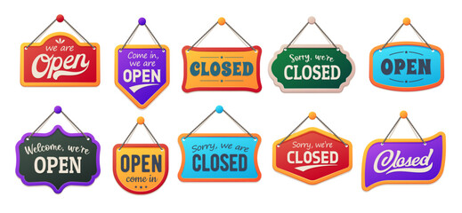 Open and closed board signs, shop notice signboards for store door, vector banners. Modern or retro vintage hanging signs with Sorry We Are Closed and welcome open signboards in frames for shops