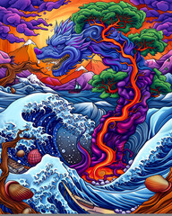 A painting of a dragon and a tree with a blue and purple background