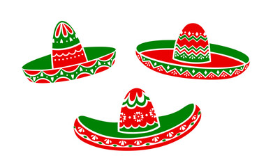 Isolated Mexican sombrero hats with ethnic ornament for holiday or fiesta, vector icons. Mexican culture, tradition and Latin decoration art symbols of sombrero hats for fiesta carnival or festival