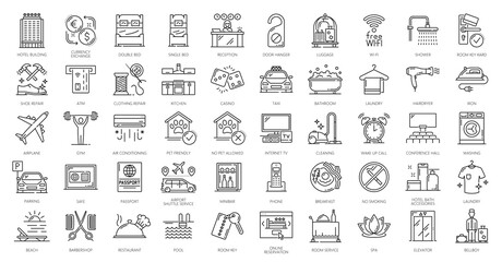 Obraz premium Hotel service icons, vector travel, tourism and vacation. Thin line room service breakfast, bed, bath and shower, hotel restaurant, reception, key and pool, luggage, bar, gym and passport symbols