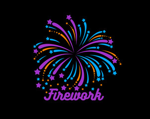 Carnival firecracker and firework icon, birthday party confetti and fiesta holiday event sparkler vector symbol. Festive firework explosion, blue and purple firecracker with star lights and sparkles