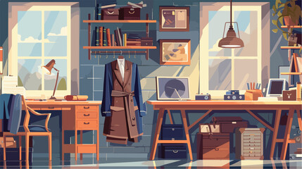 Stylish tailors workplace in interior of workshop Vector